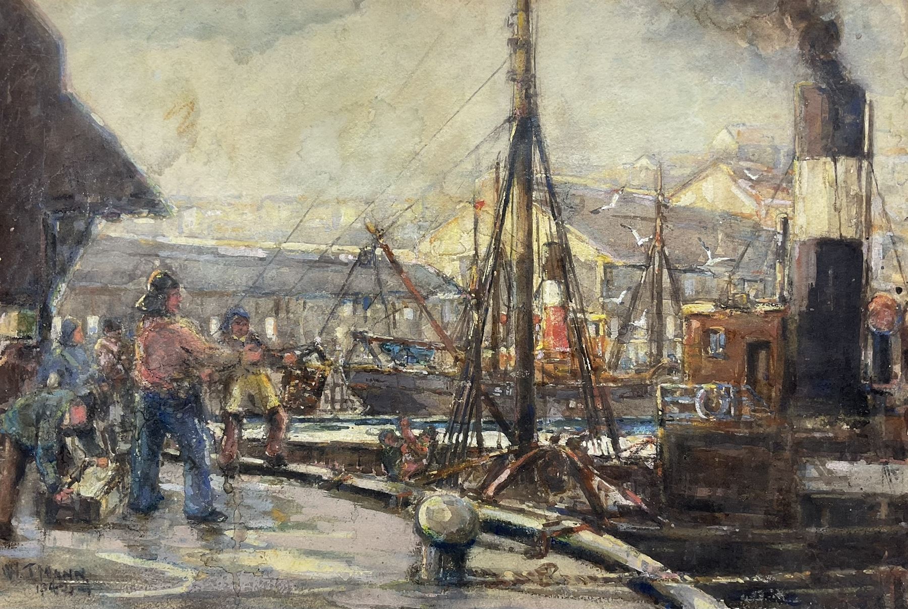 William J Mann (Scarborough mid 20th century): Steam Trawlers by the Fish Quay Scarborough, watercolour signed and dated '49, with a study of shipping verso 30cm x 45cm
Notes: Mann was a member of the Fylingdales Group of Artists and lived in Newby, Scarborough.
