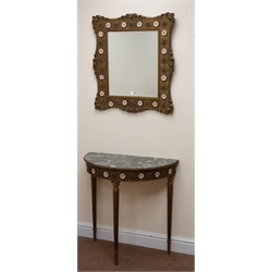 French style gilt demi-lune hall table, marble style top, turned reeded tapering supports (W74cm, H74cm, D38cm) with gilt frame bevel edge wall mirror (W63cm, H71cm) (2)