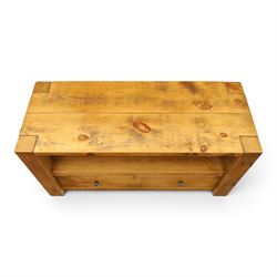Indigo Furniture - rustic oak media cabinet, rectangular top over open shelf, two drawers fitted to base