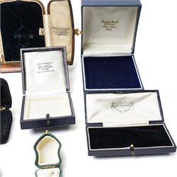 Number of vintage and other jewellery boxes including upright leather box by Mackay & Chisolm, Edinburgh, another by Mackay & Chisolm inscribed 1910-1950, another by Jas. Ramsay, Dundee inscribed S.S.Royal Scot launched 1929 etc
