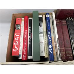 Three boxes of books, periodicals and DVDs of military interest with particular emphasis on WW2 including The History of World War Two in thirty original parts by Orbis, The D-Day Experience by Richard Holmes, The World War Two Databook, The World at War, Special Forces etc