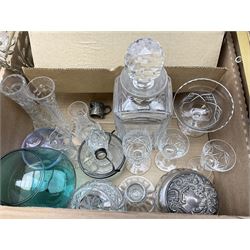 Stuart Crystal Hardwicke pattern glasses, silver mounted glass tray stamped Birmingham 1909, silver collared bottle, pukeberg of Sweden owl paperweight, decanter, mantel clock, dressing table brush set etc in three boxes