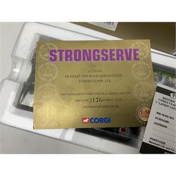 Corgi - three limited edition lorries comprising CC12901 Scania Topline Curtainside Eddie Stobart Limited; CC12104 Renault Premium Curtainside Strongserve Ltd; and 50703 Guinness Mack LJ with Fruehauf Trailer; all boxed (3)