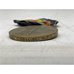 Three WW1 medals comprising 1914-15 Star awarded to 58648 Spr. C. Roberts R.E.; British War Medal and Victory Medal awarded to 87502 1.A.M. C. Roberts R.F.C.; and REME cap badge (4)