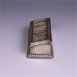 Late Victorian silver mounted stamp box, the hinged lid with three glazed panels, hallmarked Grey & Co, London 1900, together with a late Victorian silver hair comb and a cased set of six silver coffee spoons