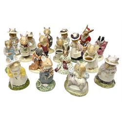 Fifteen Royal Doulton Brambly Hedge figures, comprising Wilfred Toadflax, Dusty Dogwood, Mrs Toadflax, Mr Apple, Primrose Woodmouse, Lord Woodmouse, Poppy Everbright, two Lady Woodmouse, two Old Mrs Everbright, Mr Toadflax, Mrs Apple, Santa Bunnykins and Bunnykins, together with three Royal Albert Wind in the Willows figures comprising Ratty, Badger and Mole, all with printed marks beneath (18)