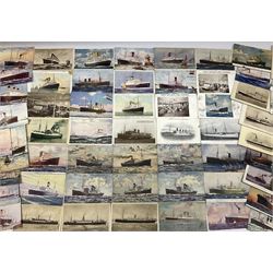 Sixty-five early 20th century postcards of passenger liners including White Star, Red Star, Atlantic Transport, Anchor, Cunard, Henderson, Booth, Union Castle, Holland America, Lamport & Holt, P. & O., New Zealand, Canadian Pacific, British India etc; and ten Edwardian postcards of Naval warships and officers (75)
