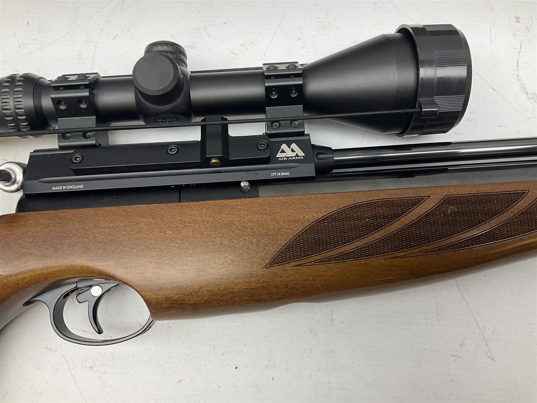 Air Arms Model S410F Classic .177 multi-shot compressed air rifle with bolt action, underside pressure gauge, chequered pistol grip, moderator and Hawke Sport HD 3-9x50 scope L112cm; in Anglo Arms camouflage sleeve with spares, tool kit, magazine and instruction manual