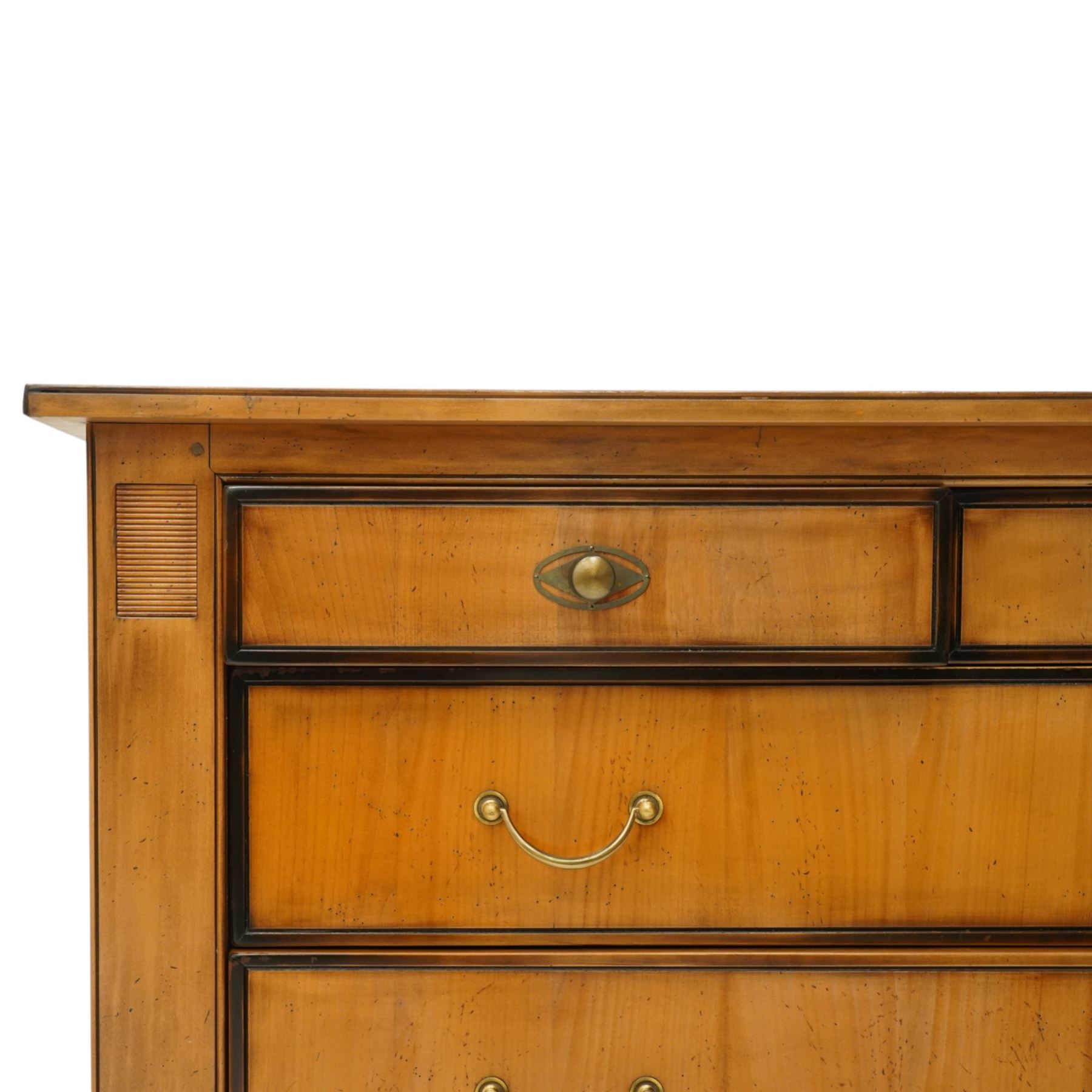 And So To Bed - 'Cezanne' cherry wood chest, rectangular top with inset panels,  fitted with two short over two long drawers, ebonised surrounds, raised on bun feet 