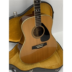 Rare Yamaha FG-1200J acoustic guitar, spruce top, solid Jacaranda back and sides, ebony fret board, mother-of-pearl bound top, three-piece back with abalone trim, in carrying case