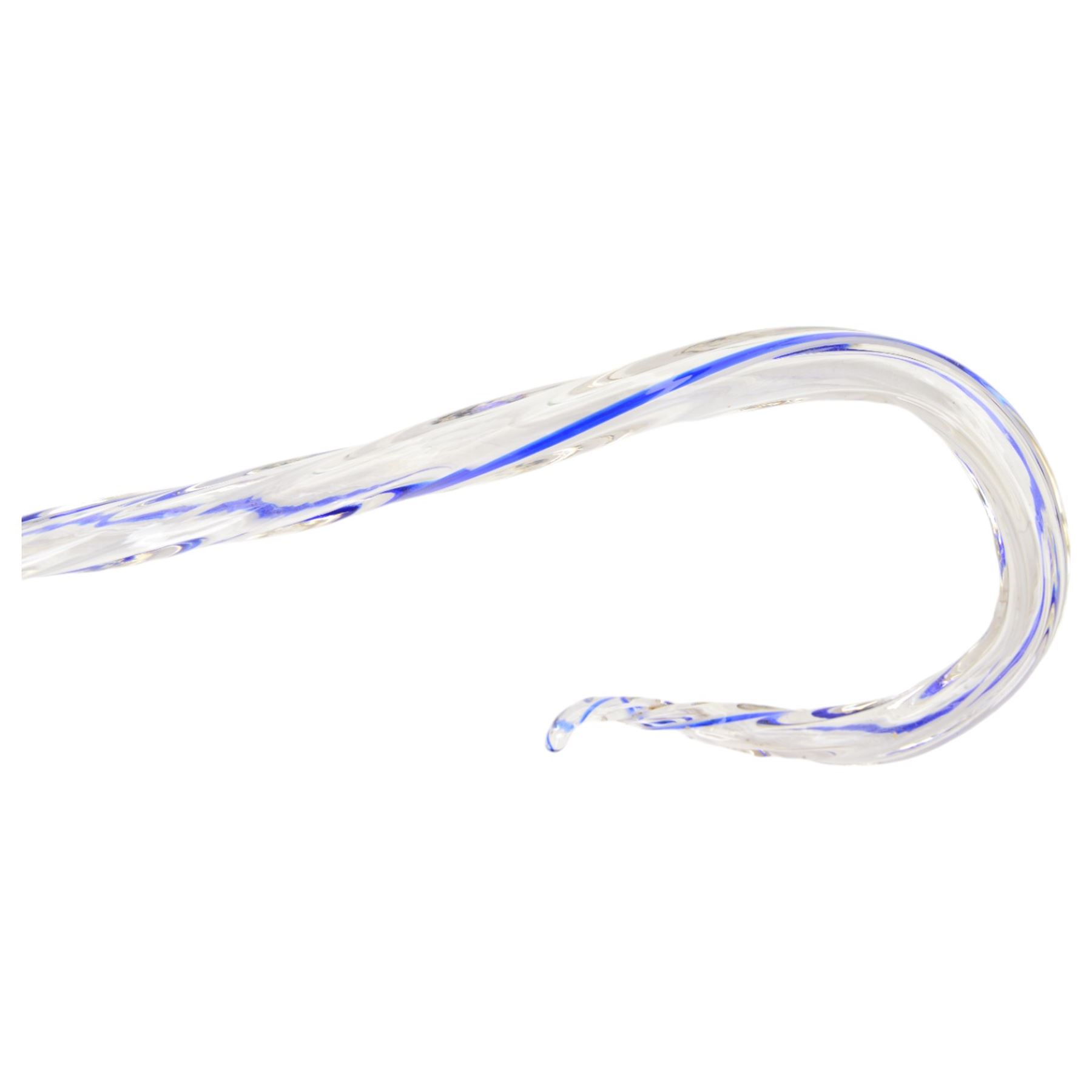 Four Victorian glass walking canes, to include two 'frigger' examples, one with blue twist design and two 'hundreds and thousands' examples, one with a knop finial and filled with micro beads, longest L105cm