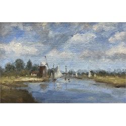 English Impressionist School (20th century): Dutch Landscape with Windmill and Boats, oil on canvas board unsigned 11cm x 16cm