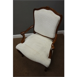  Pair French style walnut framed armchair, wide serpentine seat, upholstered in cream, on cabriole supports, W72cm  