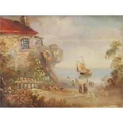 Continental School (Early 19th century): Figures by a Coastal House, oil on tin unsigned 10cm x 13cm