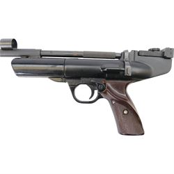 Webley Typhoon .22 air pistol, the chamber marked 'Typhoon' and 'Webley & Scott Ltd. Birmingham England' beneath, with front hooded sight and brown checkered grip, H16cm, L28cm