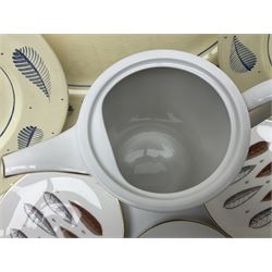 Susie Cooper Hyde Park pattern coffee set, comprising coffee pot, four coffee cans and saucers, dessert plates, together with three plates in a similar design 