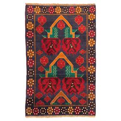 Baluchi hand-knotted rug, red and blue ground with three medallions, 141x91cm 