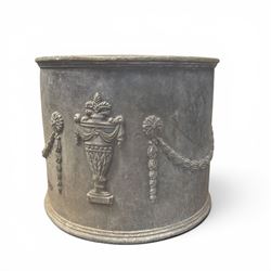 Pair of 19th century Neoclassical design lead garden planters of cylindrical form, the body decorated with an ornate central urn with swags and foliate design, flanked by festoons of bellflowers with roundel motifs