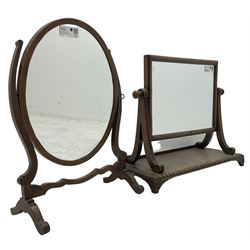 George III mahogany dressing table mirror with carved moulding and bracket feet (W58cm), and a Regency style mahogany dressing table mirror
