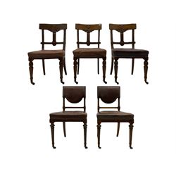 Set three 19th century mahogany dining chairs, leather upholstered seats, and two 19th century similar chairs