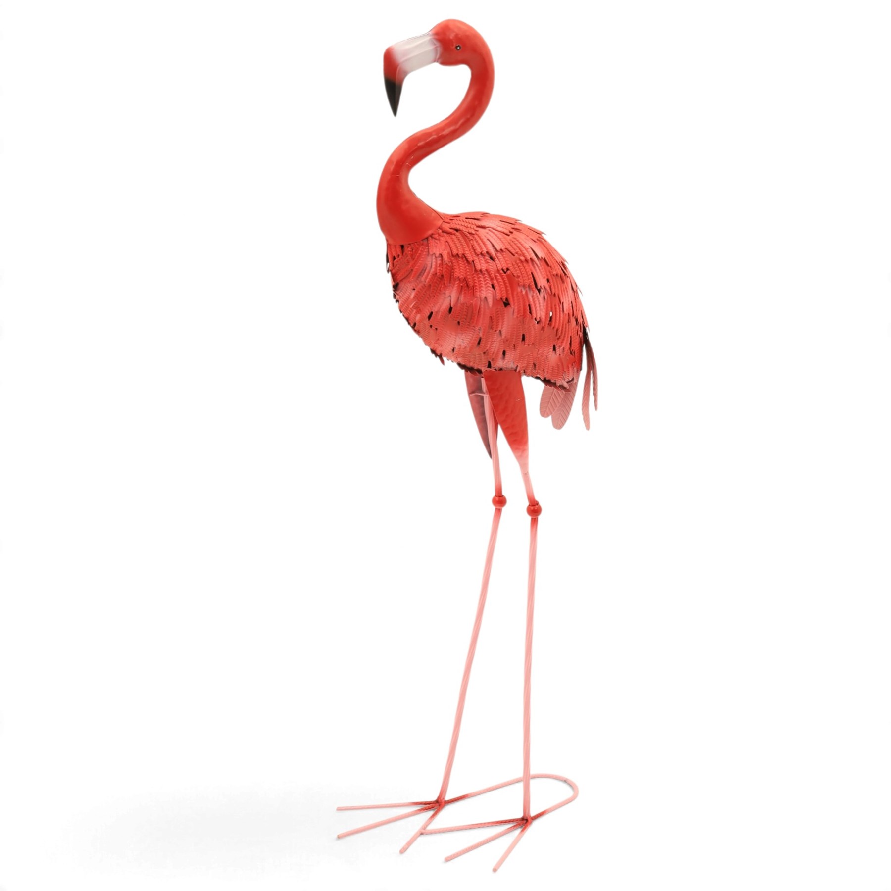 Pair of contemporary pink painted metal flamingos, with elongated curved necks, black-tipped beaks and overlapping pierced metal plumage, on long slender legs terminating in three-toed feet, modelled in differing poses