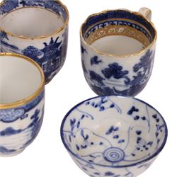 Five 18th century Qing Dynasty export coffee cups, all similar decoration in blue and white with gilt detail, together with two tea bowls  