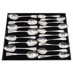 Set of seven George III silver teaspoons, Old English pattern by John Graham, Edinburgh 1805 and a collection of George III and later silver spoons, all hallmarked, approx 9oz