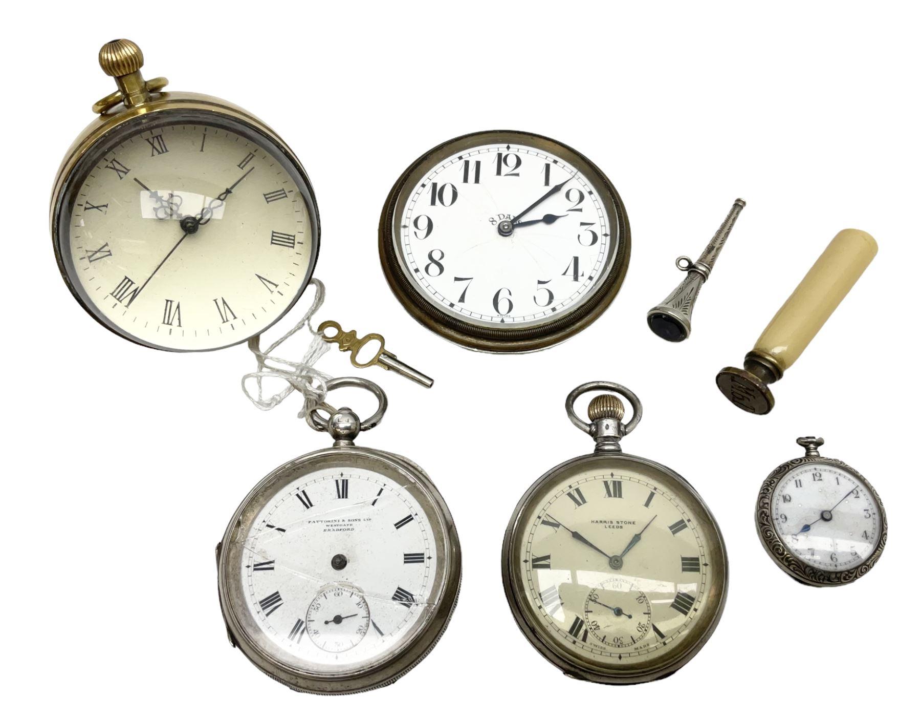 Three silver cased open face pocket watches, together with two other watches, horn pendent etc 