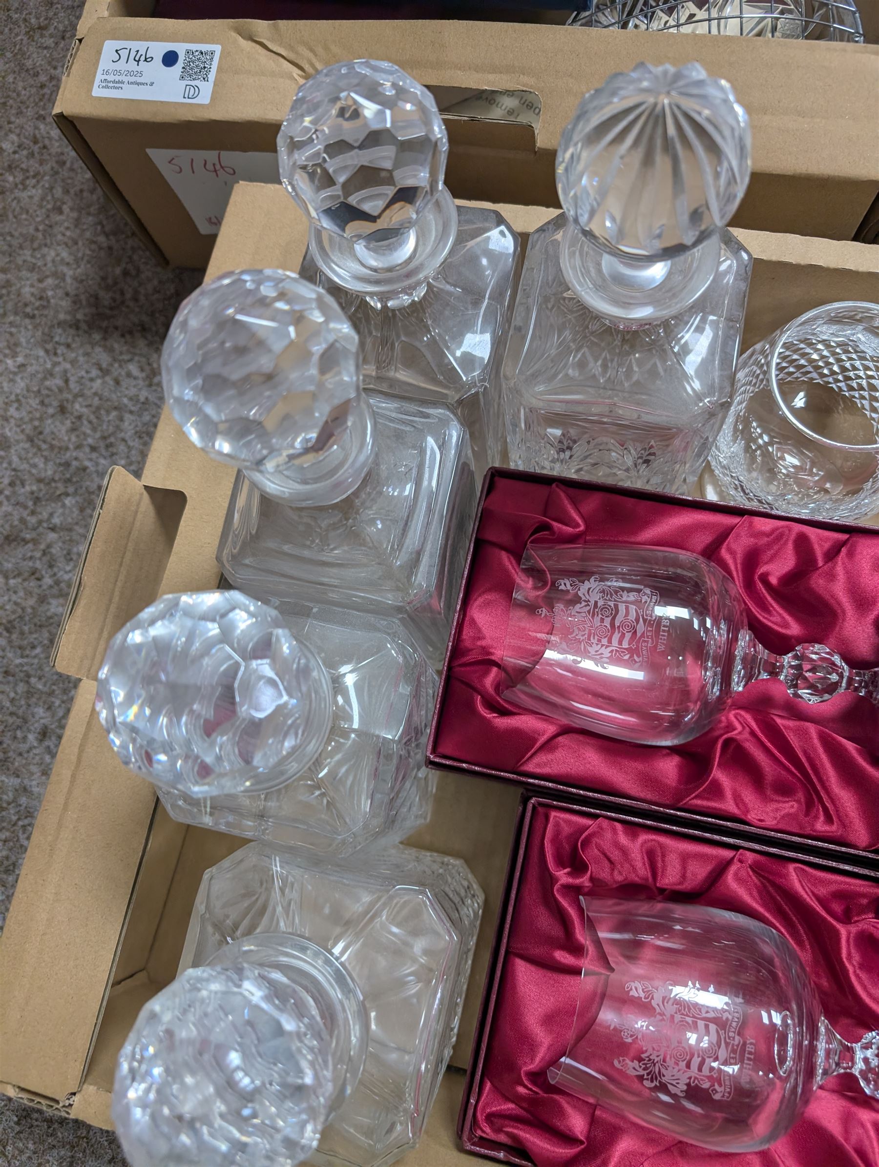 Dartingon glass decanter, togehter with nine other decanters Bohemia Crystal glassware etc in three boxes 