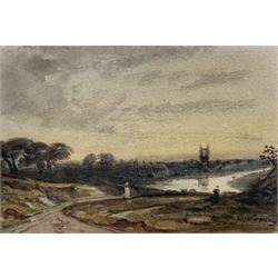 John Varley (British 1778-1842): 'Evening Landscape, with River, Church Tower and Figures'...