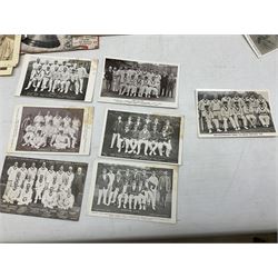 Football - Sherman's Searchlight on Famous Teams trade cards 1938-39 (28) and Searchlight on Famous Players (15); and nine booklets including F.A. Cup Annual 1951;two early 1960s F.A. Yearbooks etc; together with seven photographs of cricket teams, first half of 20th century; and four 1940s and later cricket booklets; and a signed postcard of boxer Len Harvey