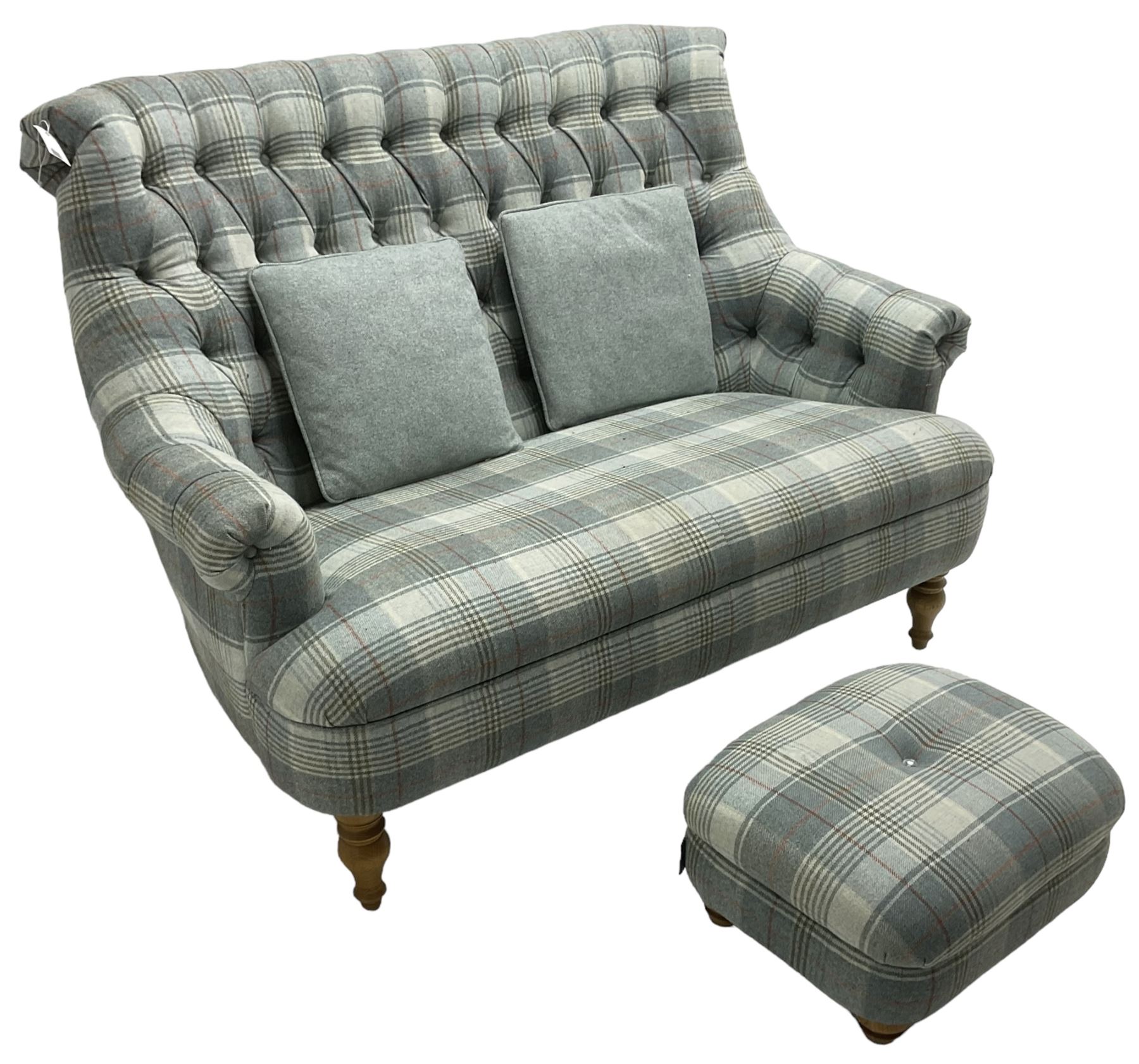 Wood Bros Furniture - 'Pickering Compact Two Seater Sofa', high rolled back, upholstered in buttoned 'Abraham Moon Huntingtower Celestial Fabric' in blue tartan, raised on turned oak feet, with matching footstool