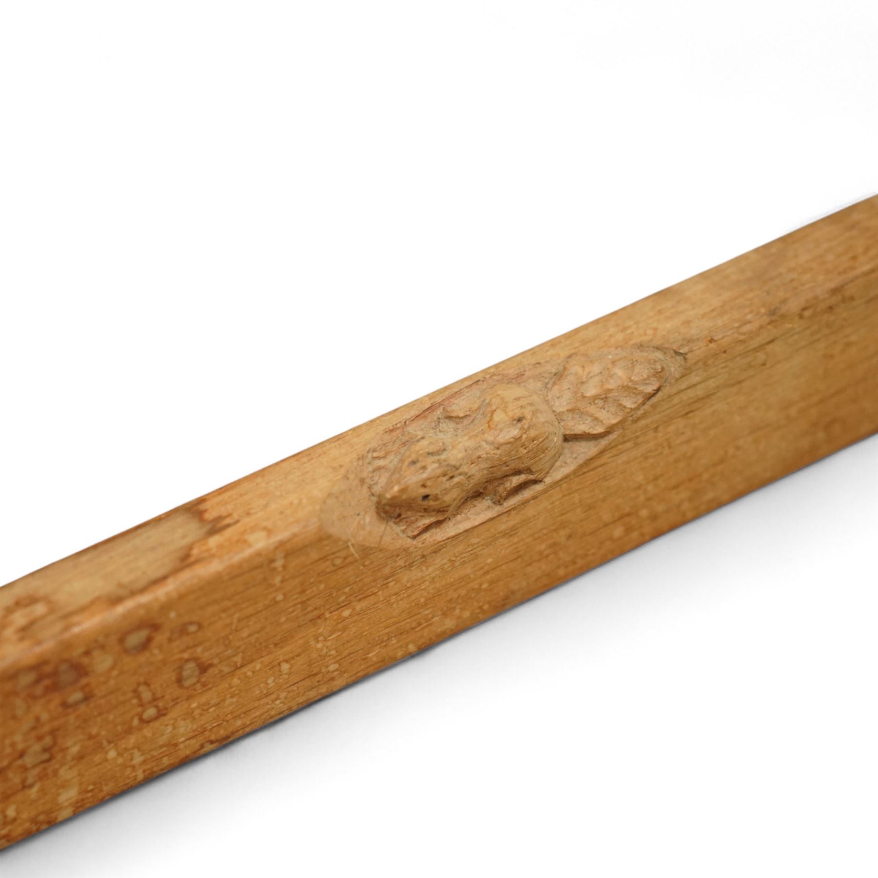 Beaverman - Six dining chairs, comprising four side chairs and two carvers, each with slatted backs, grey leather seats and square chamfered front supports, carved with signature beaver to the back stretcher, by Colin Almack of Sutton near Thirsk 