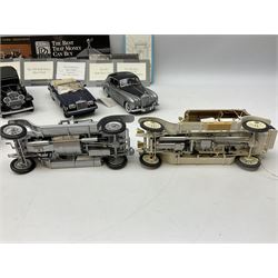 Eight Franklin Mint diecast models of cars, 1911 Rolls-Royce Tourer, The Rolls-Royce Corniche IV, The Mercedes Simplex, 1955 Rolls-Royce Silver Cloud, 1921 Rolls-Royce Silver Ghost, 1907 Rolls-Royce Silver ghost,1929 Rolls-Royce Phantom I,  and 1930 V-16 452 Cadillac Imperial Sedan, all with original tags attached