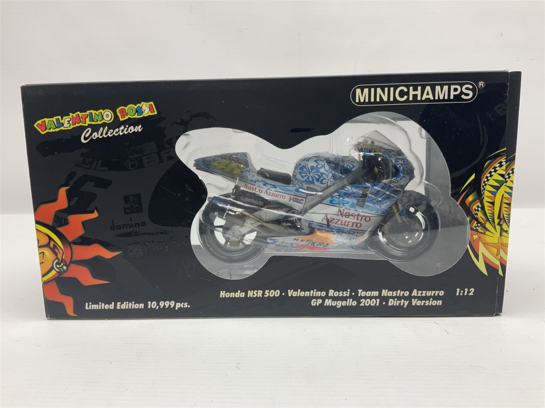 Two Minichamps limited edition Valentino Rossi Collection 1:12 scale die-cast motorcycles - Honda NSR500 Valentino Rossi Team Nastro Azzurro GP Donington 2000 with rider; and Honda NSR500 Valentino Rossi Team Azzurro GP Mugello 2001 Dirty Version; both boxed (2)