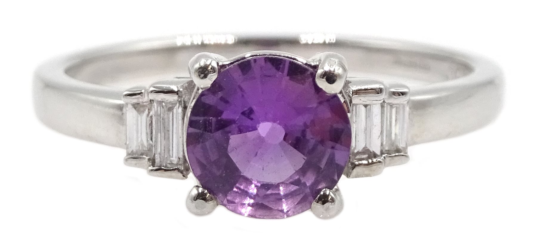 18ct white gold fancy purple sapphire ring, with baguette diamond shoulders, hallmarked
