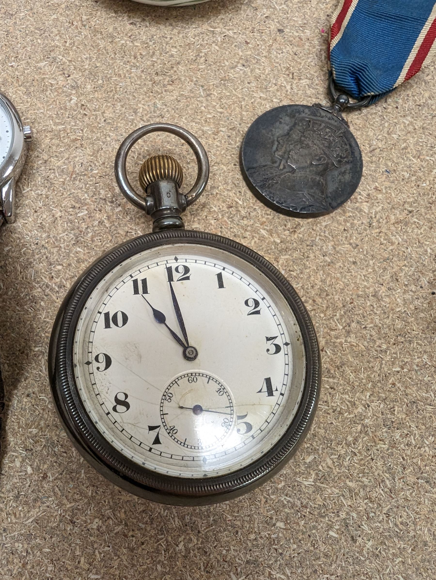 Early 20th century silver lever pocket by Stockwell & Co, London import mark 1919, together with a Timex wristwatch and a Limit wristwatch, 1937 Coronation medal and ceramic trinket dishes/box