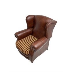 Gainsborough Lounge Suites - three piece leather and fabric lounge suite - pair two seat sofas (W225cm, H82cm, D105cm), and matching armchair (W88cm), on turned front feet with scatter cushions