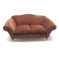Multi-York three seat sofa, shaped back, scrolling arms, turned supports on castors, W185cm