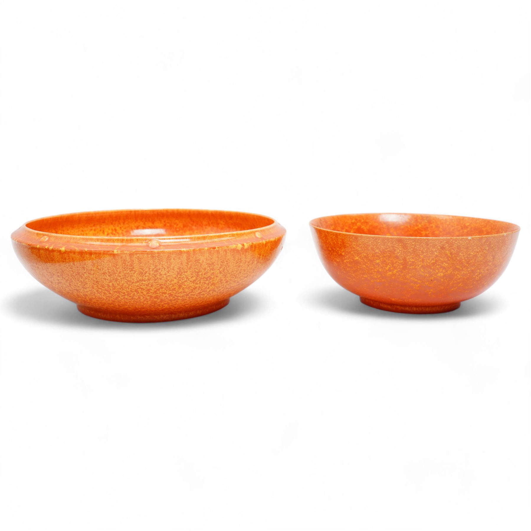 Two Pilkington Royal Lancastrian mottled orange bowls, largest D26cm