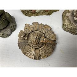 Seven Terry Pratchett Discworld figures by Clarecraft, to include The Luggage DW04M Smugli D990, pair of Home Sweet Home bookends, wall hanging modelled as a dragon upon stone plinth etc, tallest H19cm