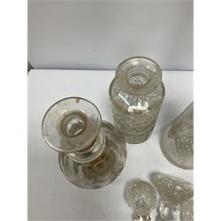 Group of five various 18th/early 19th century cut glass decanters, to include facet cut decoration and double ring necked examples, examples decorated with prismatic cut diamonds etc, one example lacking stopper, tallest H44cm