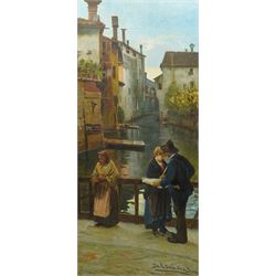 After Angelo Dall’Oca Bianca (Italian 1858-1942): Figures on a Street in Venice, oil on canvas bearing signature 74cm x 32cm