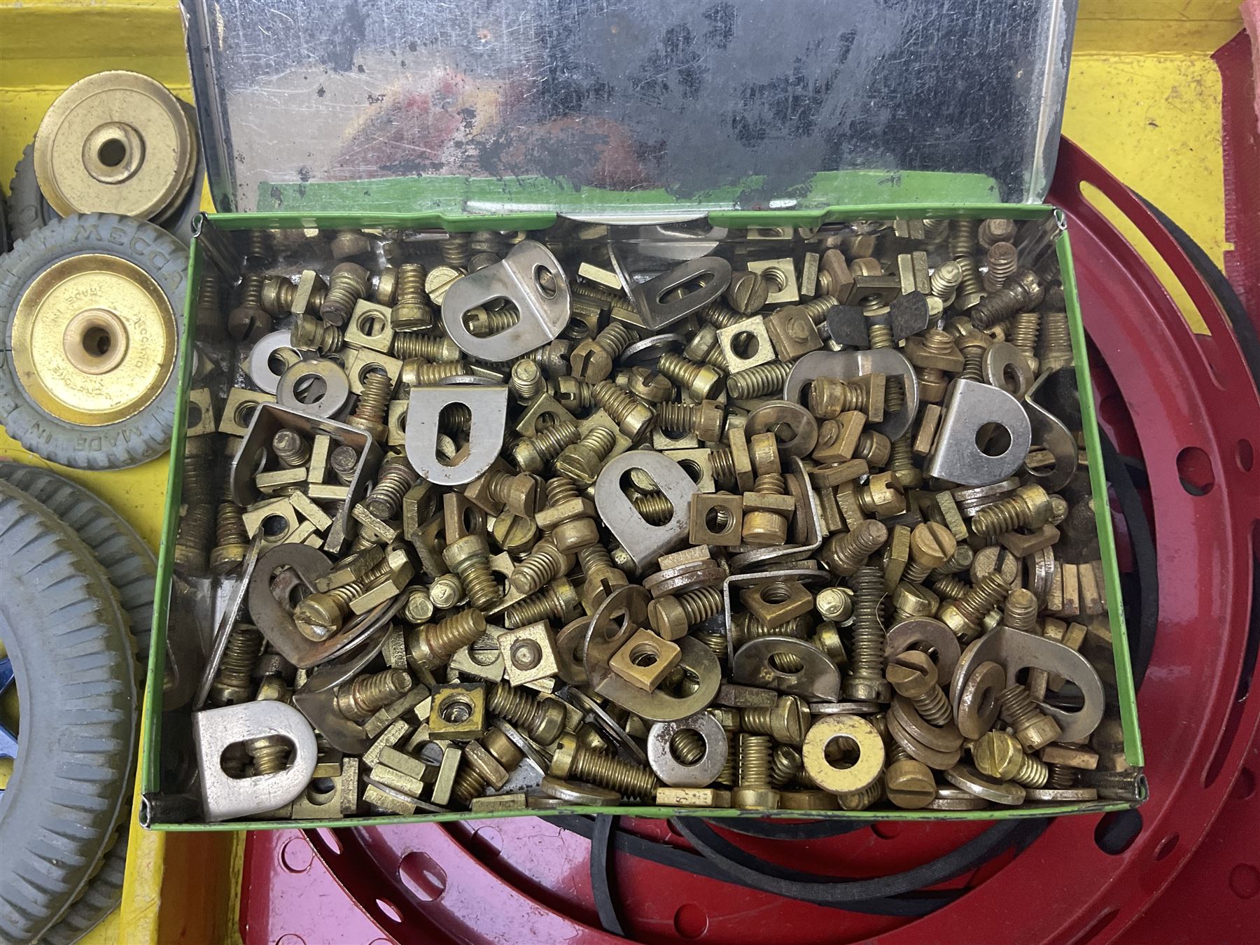 Meccano Outfit No.9 - with good quantity of red and green plates, strips, wheels, brackets, trunnions, tyres, cylinders etc; original box with lift-out tray and instruction manual