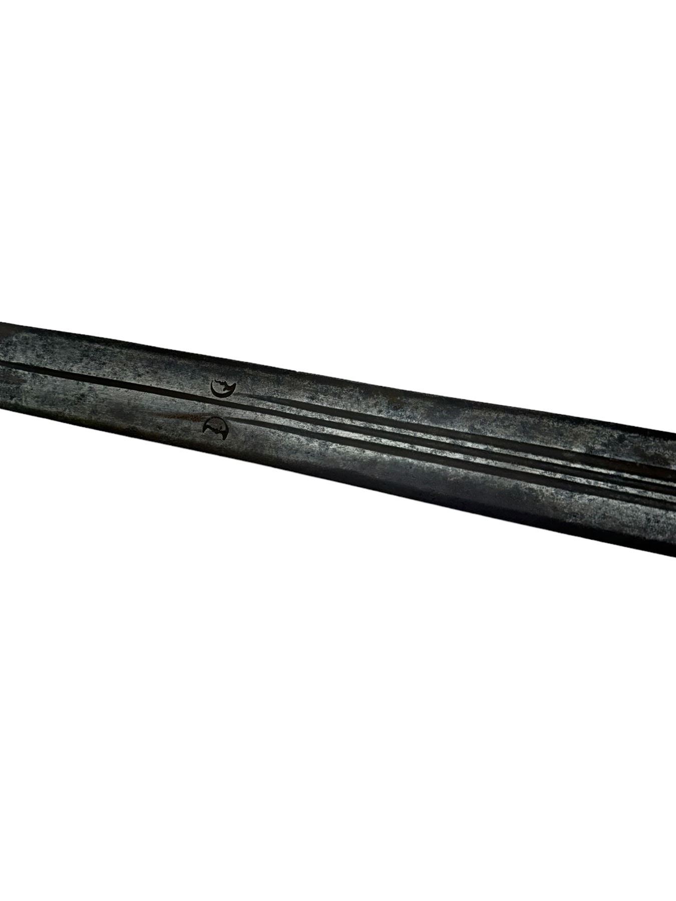 Scottish basket-hilted sword, double-edged blade L95cm cut with three narrow fullers, marked with a pair of crescent moons, L112cm 