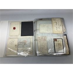 Queen Victoria and later postal history, including small number of pre-stamp items,  penny red stamps on covers and letters, with imperfs and perfs, singles and multiples, mourning covers, various postmarks and cancels including 'London 6 AU 8 59', 'Sheffield FE28 1857 F' etc, four imperf two pence blues on cover, approximately 170 items in total