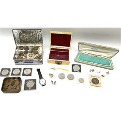 Queen Victoria 1889 crown coin, various commemorative crowns, Queen Elizabeth II 1986 two pounds, various other coins, cultured pearl necklace, wristwatch, earrings etc