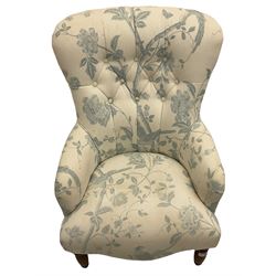 Victorian style bedroom chair, upholstered in light fabric decorated with birds and foliate, turned front feet