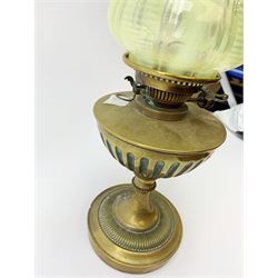 A Victorian Hinks' London Benetfink Duplex brass oil lamp, with frilled Vaseline glass shade and clear chimney, overall H56cm.