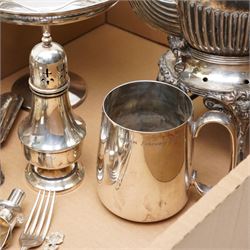 Silver backed hairbrush and comb, plated spirit kettle, other plated items, two Portuguese vases etc